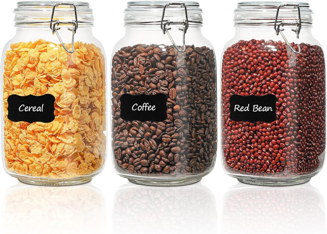 3pc Airtight Glass Canisters, 50oz Clear Square Jars for Pantry